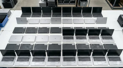 Céges laptop flotta felülnézetből — tömeges IT selejtezés előtt álló eszközpark