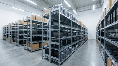 IT eszköz raktár polcrendszerrel — használt laptopok és számítógépek feldolgozásra várva