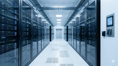 Szerverszoba rack sorokkal — nagyvállalati adatközpont szerver adattörlés előtt