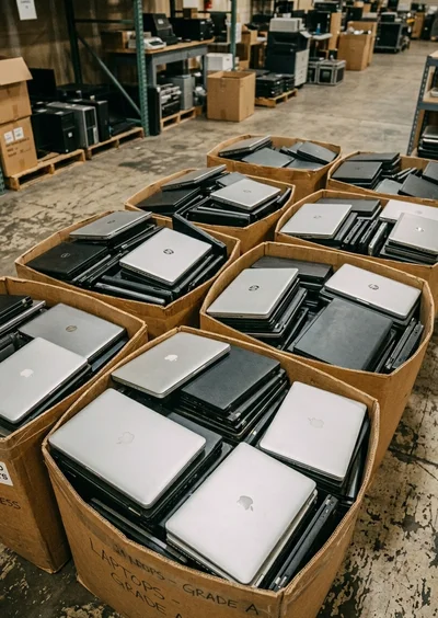 Laptopok dobozokban selejtezésre várva — IT eszközpark tömeges feldolgozása