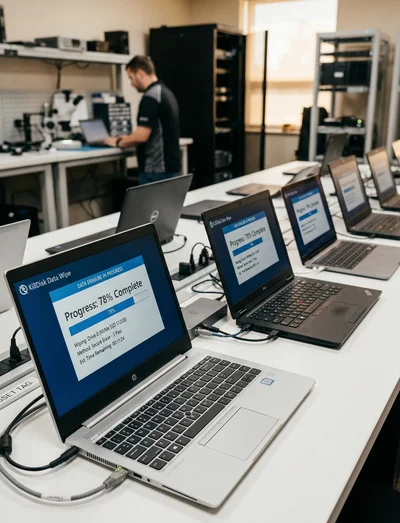 Nyitott merevlemez belső mágneses tányérokkal és olvasófejjel — adattörlésre váró HDD adathordozó