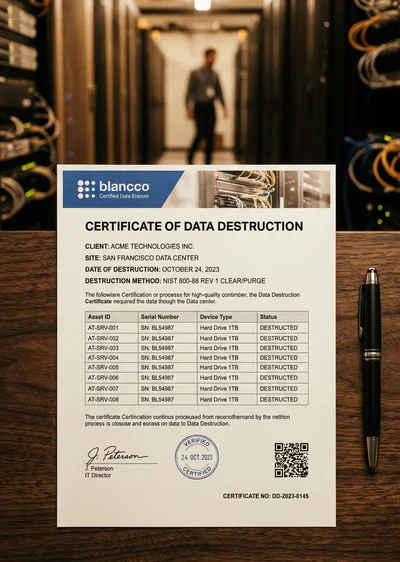 Blancco adattörlési tanúsítvány — minősített szoftveres törlés dokumentáció NIST 800-88