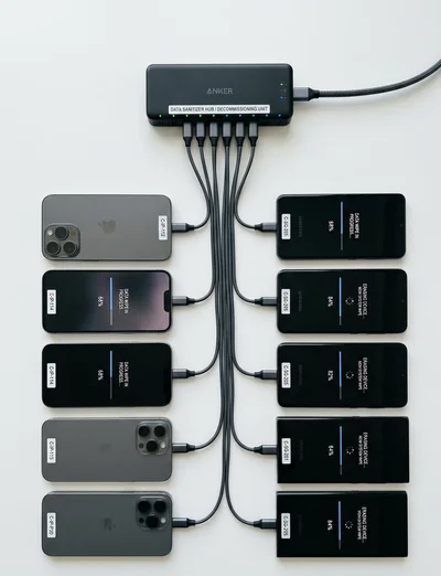 Céges telefonok egyidejű adattörlése USB hub-on — iPhone és Android készülékek