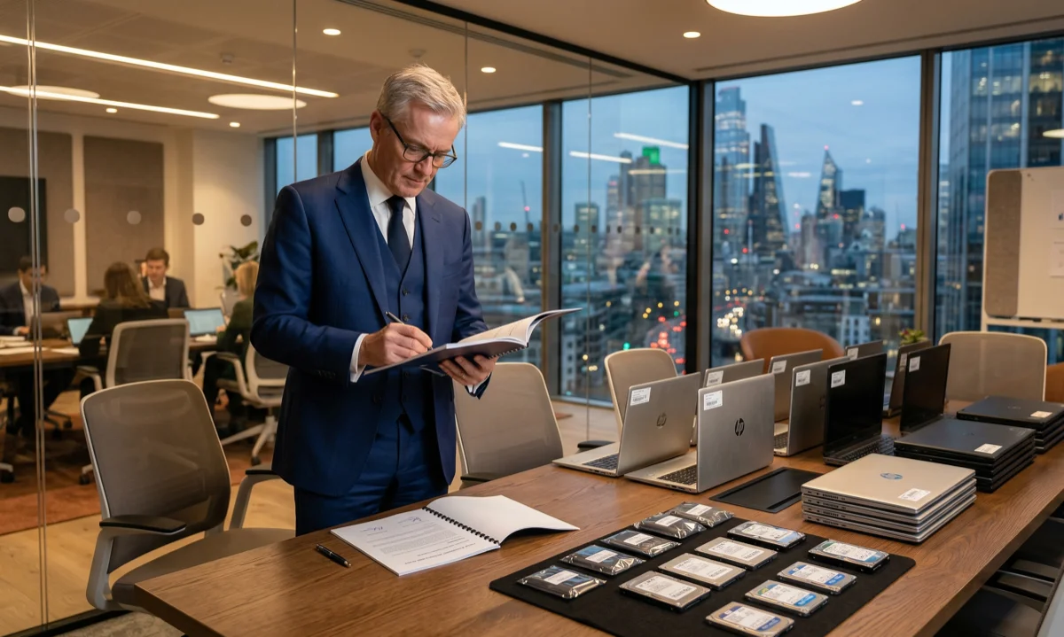 vállalati döntéshozó leselejtezett laptopok és SSD-k adattörlési vagy fizikai megsemmisítési folyamatát értékeli