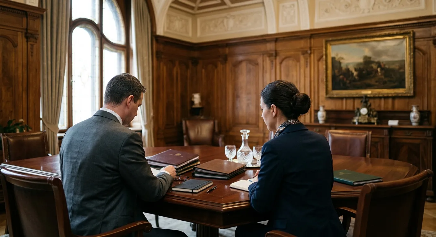 Pénzügyi intézmény IT selejtezési megfelelőség — vezető compliance dokumentációt tekint át modern irodai környezetben