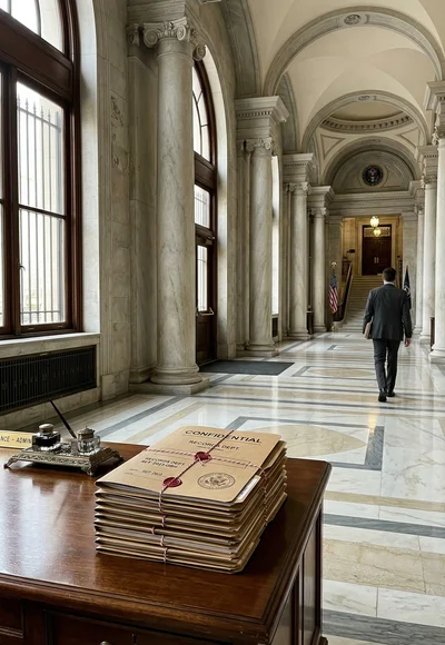 Kormányzati épület folyosója iratokkal — állami és önkormányzati IT eszközök selejtezése