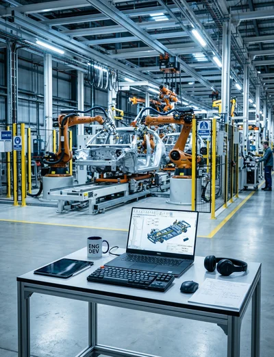 Autóipari gyártósor robotkarokkal és mérnöki munkaállomással — TISAX-kompatibilis adattörlés