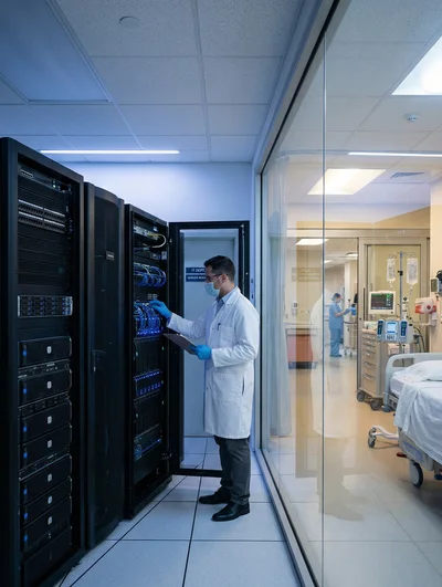 Kórházi szerver szoba orvosi környezetben — egészségügyi és gyógyszeripari adathordozók törlése