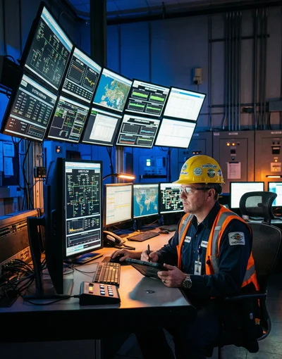 Erőmű vezérlőterem monitorokkal — energiaszektorbeli szerver és munkaállomás adattörlés