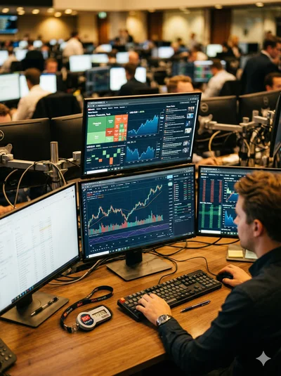 Pénzügyi kereskedési környezet monitorokkal és adatvédelmi tokennel — banki és biztosítói adattörlés