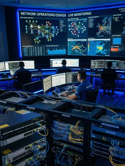 Telekommunikációs hálózati műveleti központ monitorfalával és hálózati eszközökkel — telco adattörlés