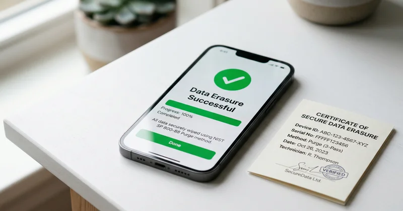 iPhone adattörlés sikeres befejezése — Data Erasure Successful képernyő tanúsítvánnyal