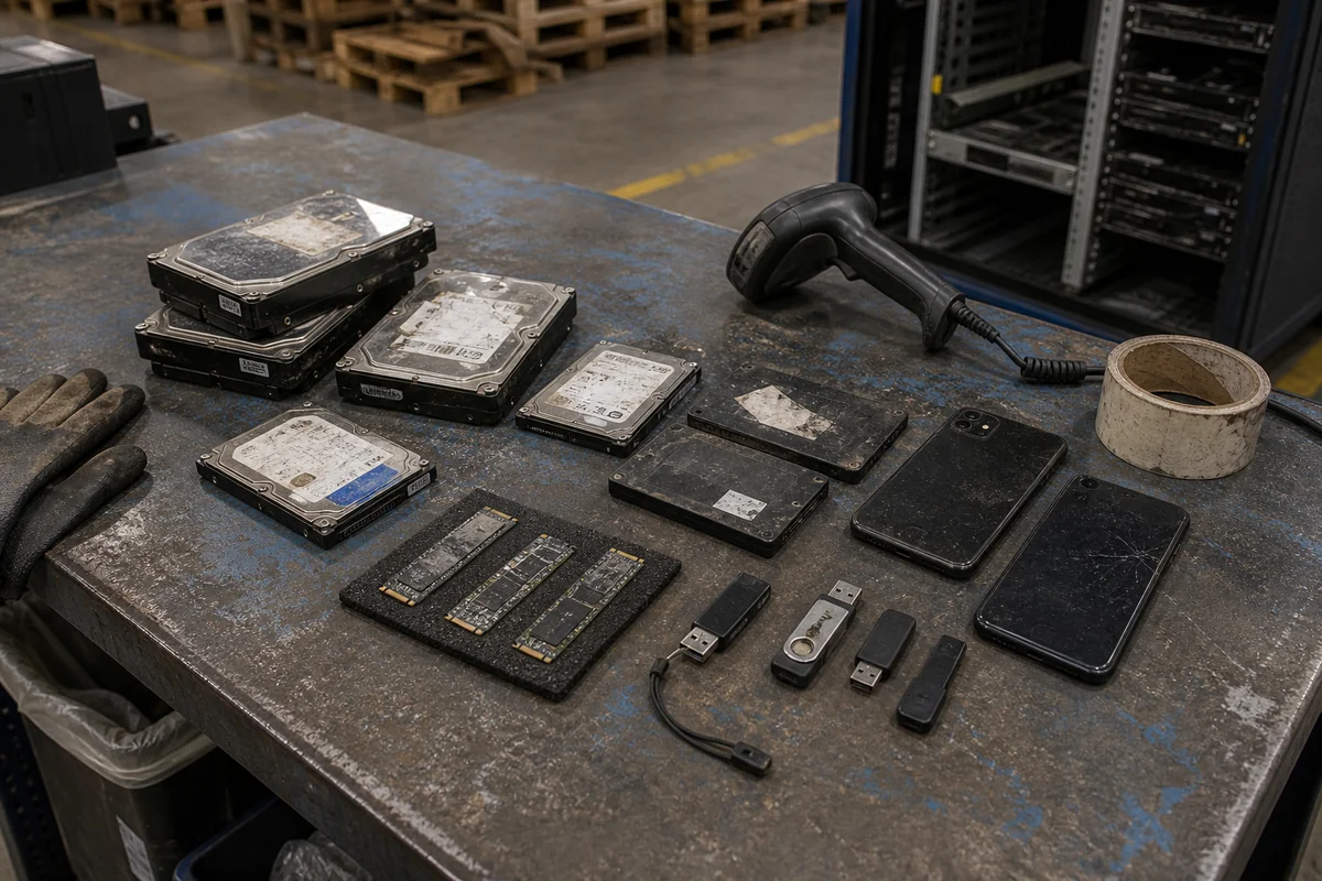 HDD, SSD, M.2 és mobiltelefon adathordozók fémes tálcán selejtezésre előkészítve