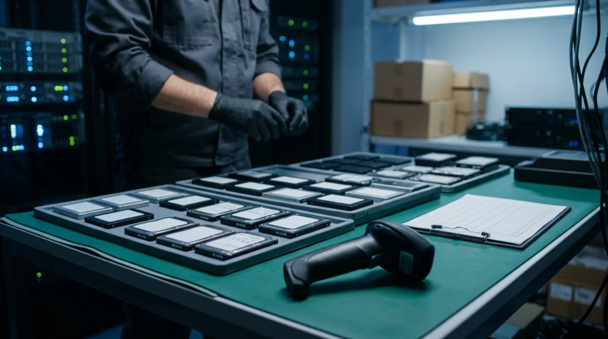 Sorozatszámos adathordozó-ellenőrzés egy ITAD audit-állomáson antisztatikus padon