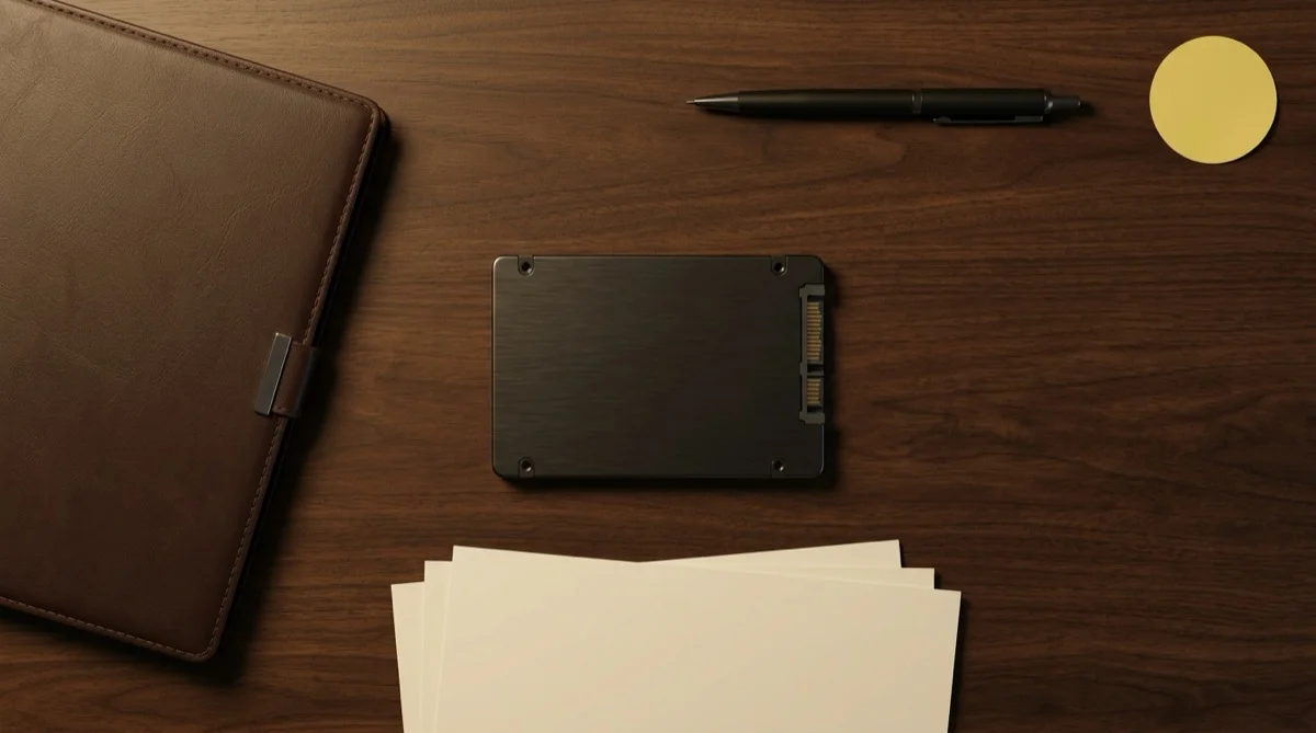 Selejtezésre előkészített IT eszközök — laptopok, SSD-k, RAM modulok és okostelefonok rendezett inventory-ban