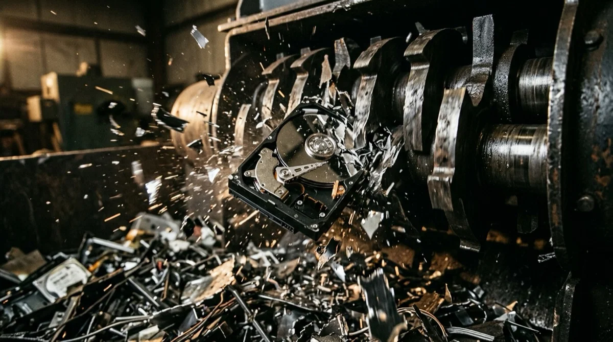 Ipari merevlemez-shredder működés közben — a tömeges fizikai adatmegsemmisítés végállapota
