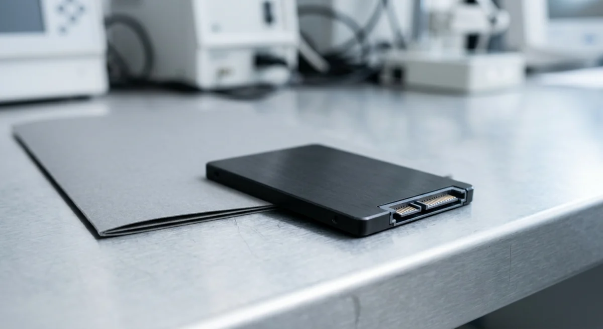 Kiszerelt SATA SSD egy klinikai munkafelületen, egészségügyi IT-eszköz selejtezés előkészülete